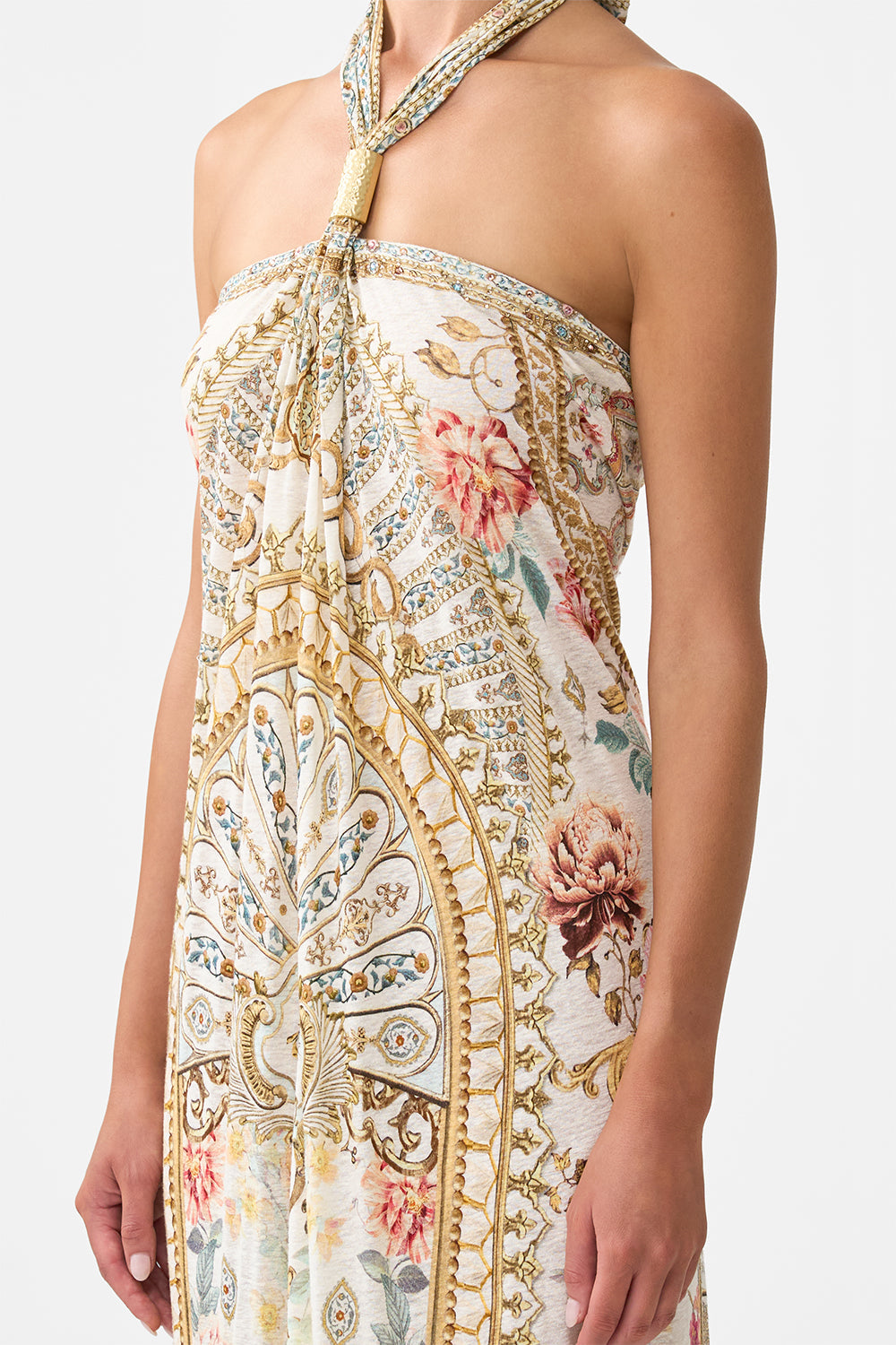 The CAMILLA LONG DRAPED LINEN JERSEY HALTER DRESS OTTOMAN DYNASTY in our  print.