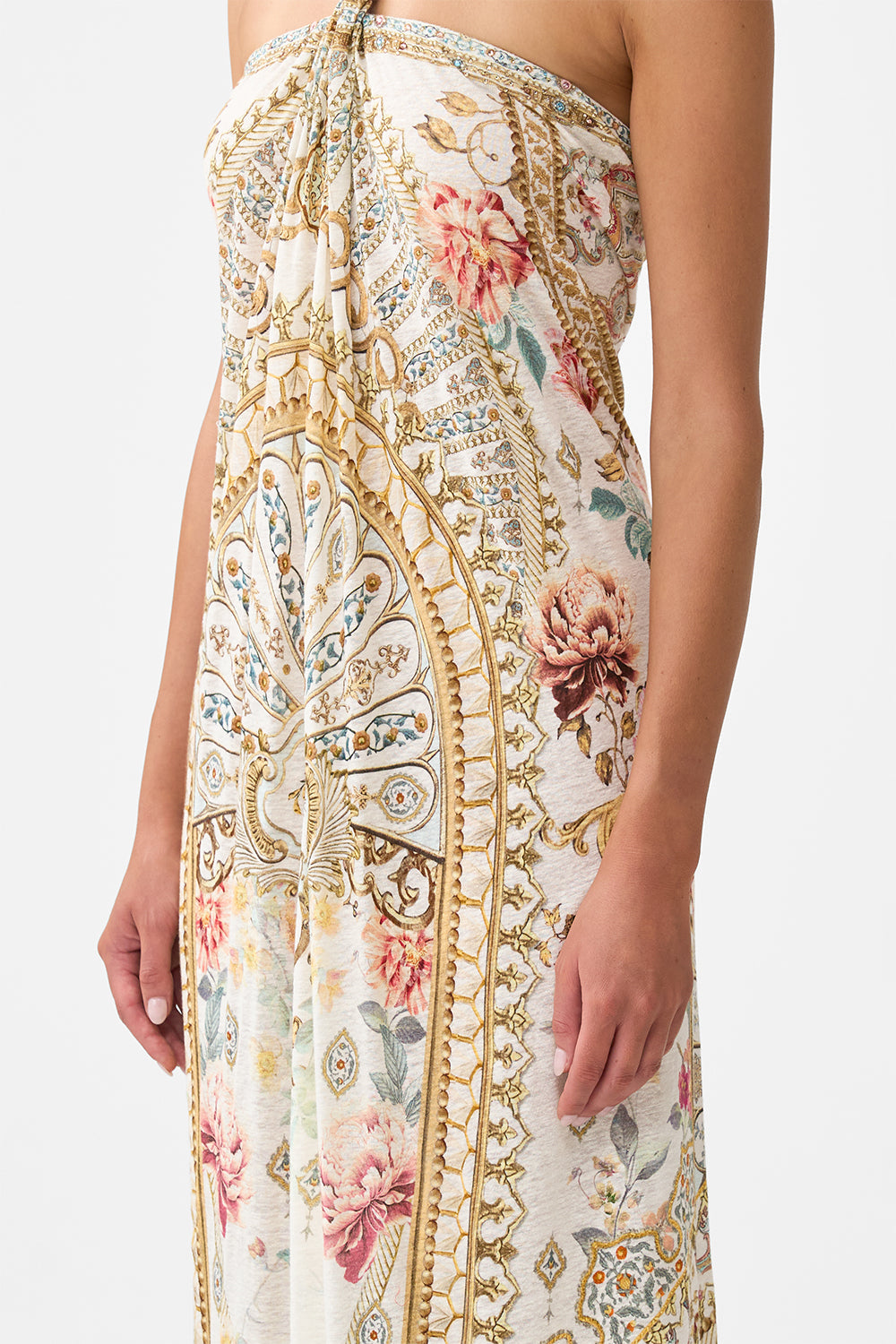 The CAMILLA LONG DRAPED LINEN JERSEY HALTER DRESS OTTOMAN DYNASTY in our  print.