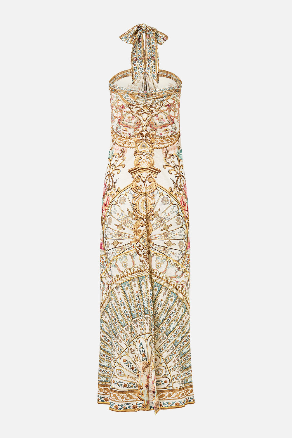 The CAMILLA LONG DRAPED LINEN JERSEY HALTER DRESS OTTOMAN DYNASTY in our  print.