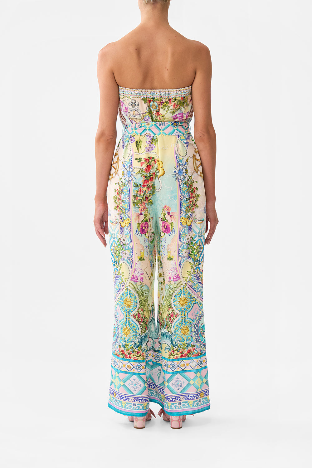 The CAMILLA TIE WAIST STRAPLESS JUMPSUIT JUST COASTING in our  print.