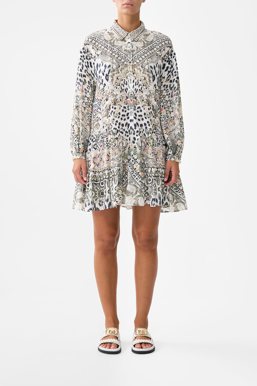 The CAMILLA Long Sleeve Tiered Short Dress in our Marble Heaven print.