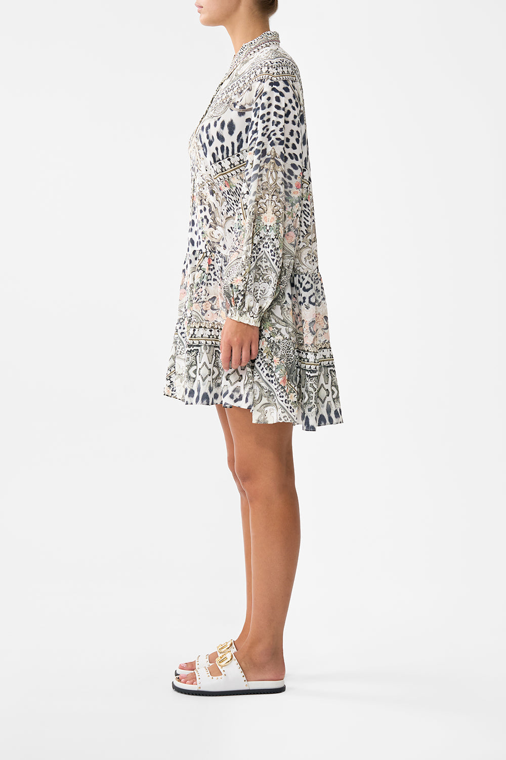 The CAMILLA Long Sleeve Tiered Short Dress in our Marble Heaven print.