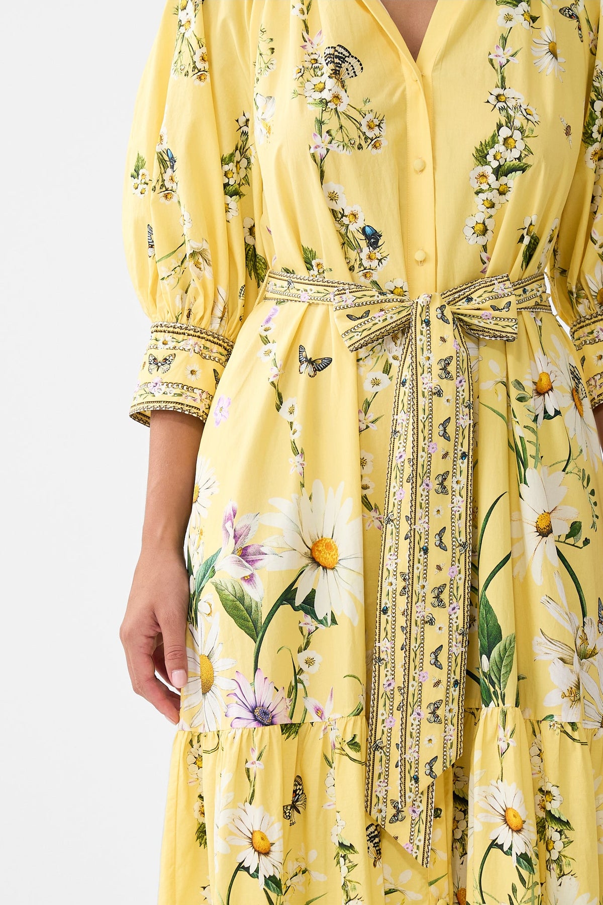 The CAMILLA TIERED SHIRT DRESS WITH SHORT SLEEVE DAISY CHAINS in our  print.