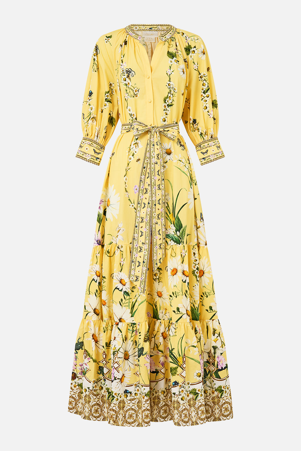 The CAMILLA TIERED SHIRT DRESS WITH SHORT SLEEVE DAISY CHAINS in our  print.