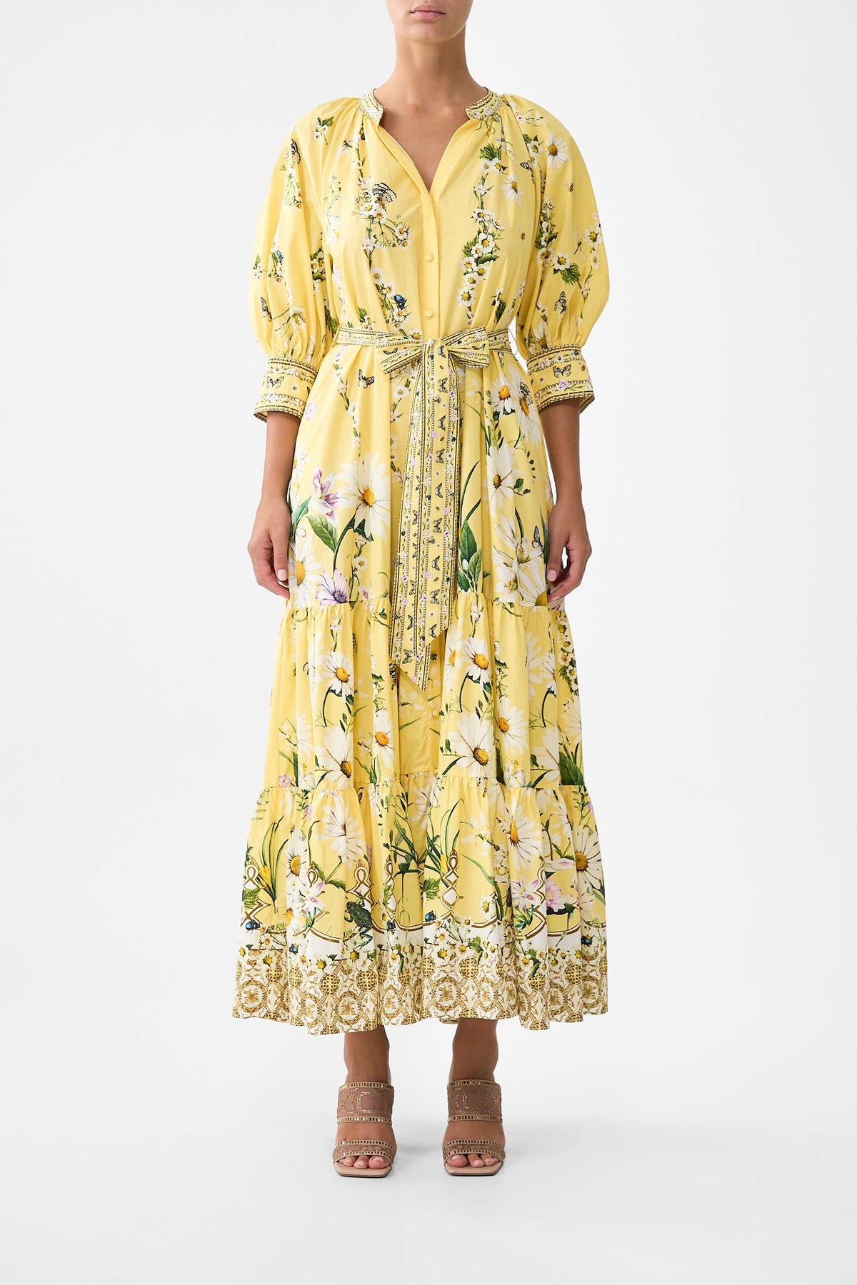 The CAMILLA TIERED SHIRT DRESS WITH SHORT SLEEVE DAISY CHAINS in our DAISY CHAINS print.