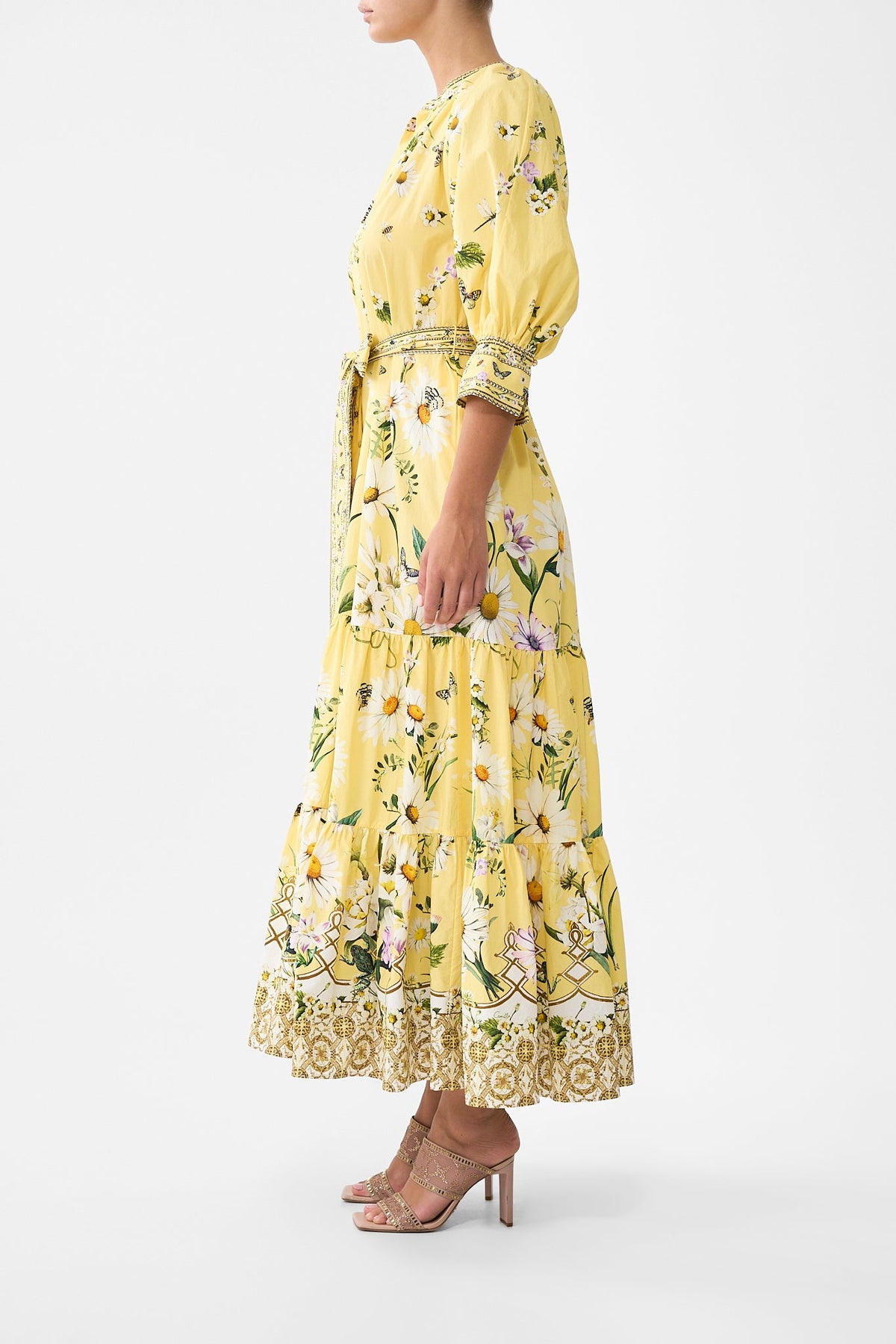The CAMILLA TIERED SHIRT DRESS WITH SHORT SLEEVE DAISY CHAINS in our  print.