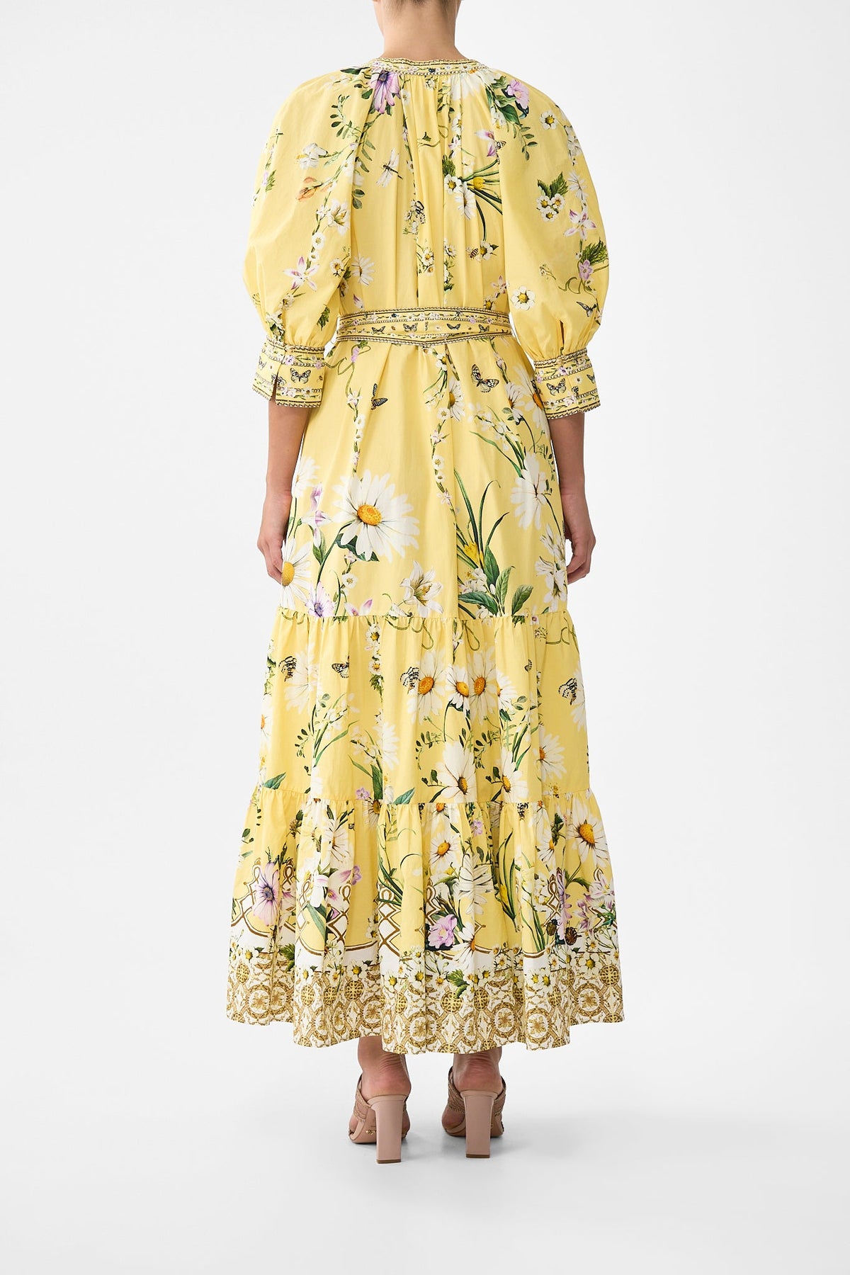 The CAMILLA TIERED SHIRT DRESS WITH SHORT SLEEVE DAISY CHAINS in our  print.