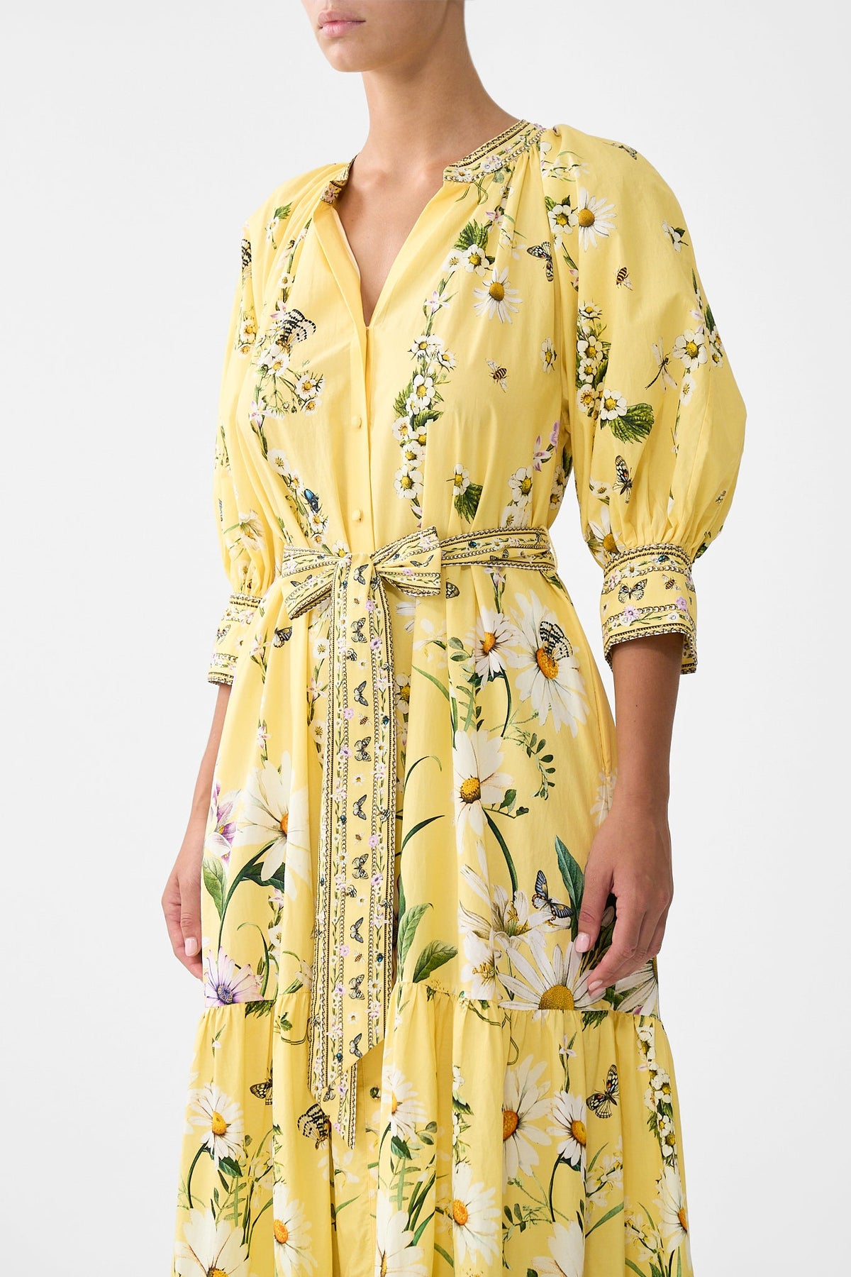 The CAMILLA TIERED SHIRT DRESS WITH SHORT SLEEVE DAISY CHAINS in our  print.