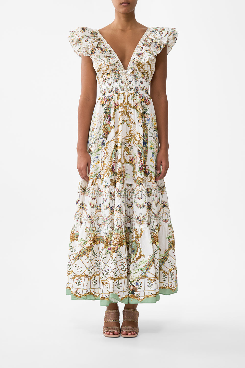 The CAMILLA TIERED DRESS WITH NECK FRILL DRESSING ROOM DRAMA in our DRESSING ROOM DRAMA print.