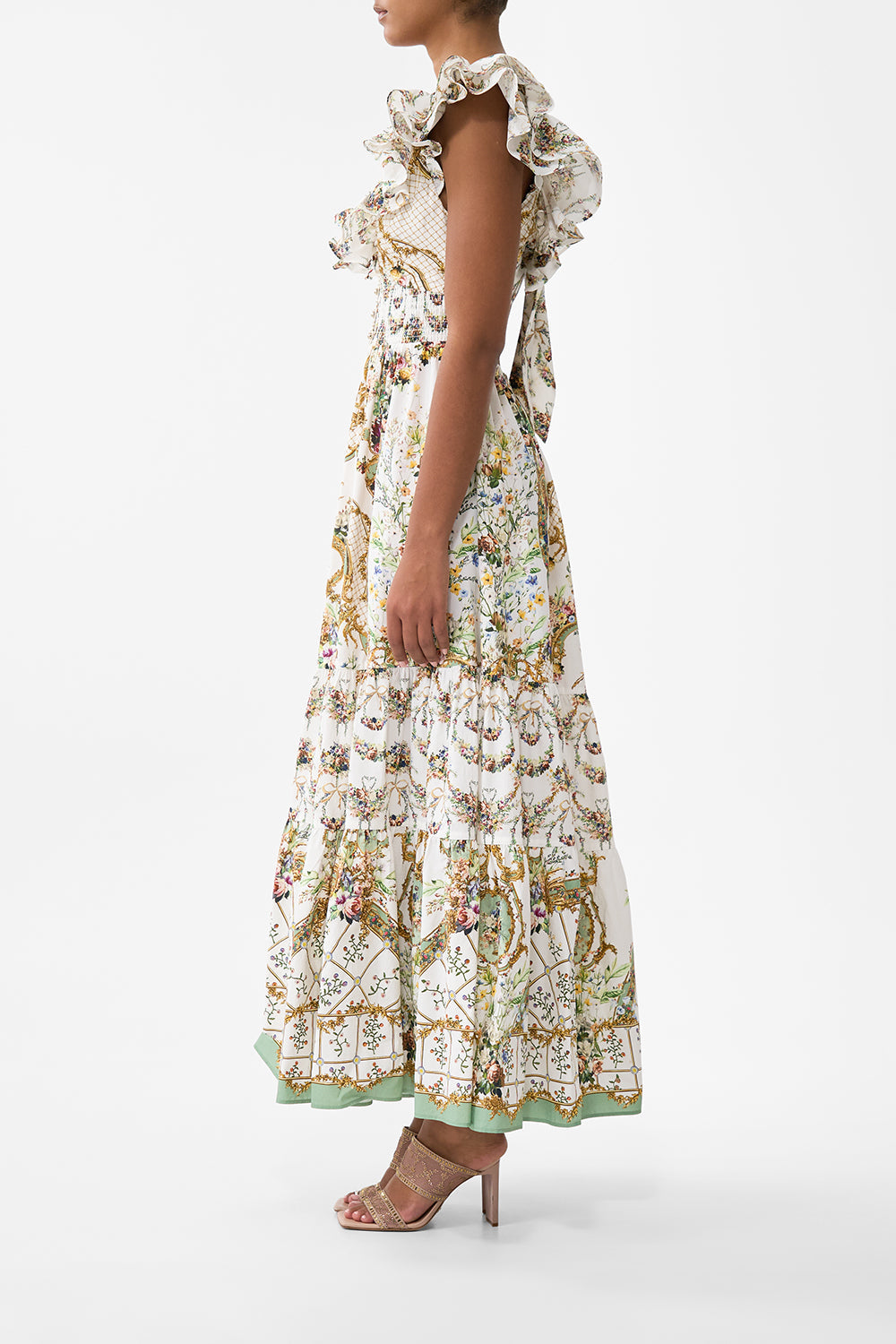 The CAMILLA TIERED DRESS WITH NECK FRILL DRESSING ROOM DRAMA in our  print.