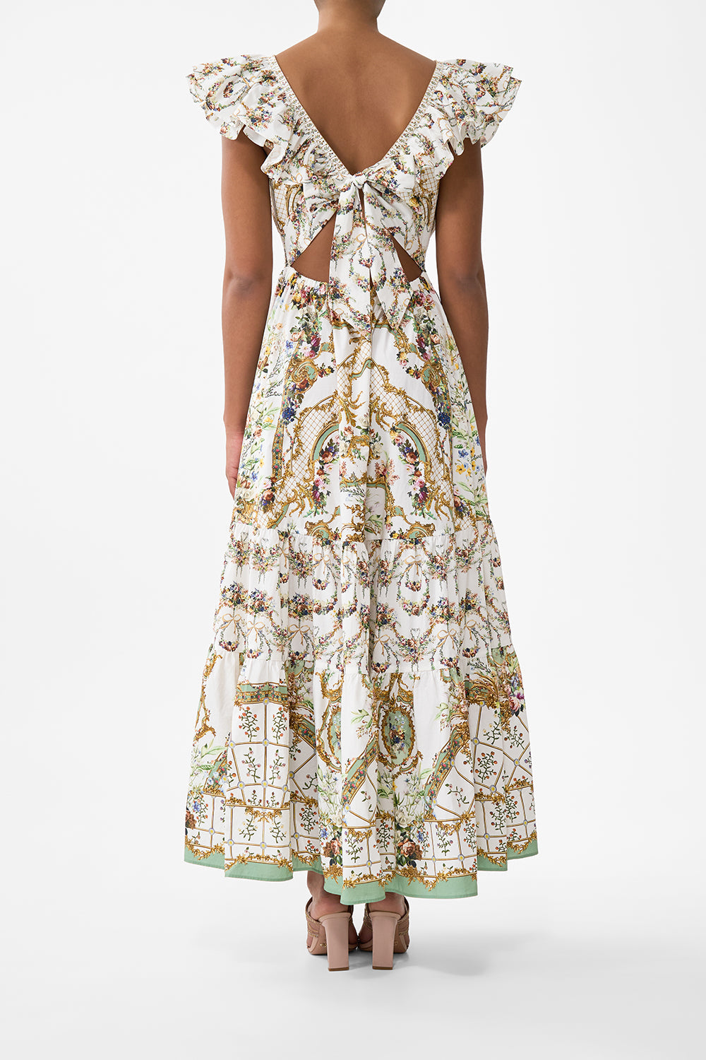 The CAMILLA TIERED DRESS WITH NECK FRILL DRESSING ROOM DRAMA in our  print.