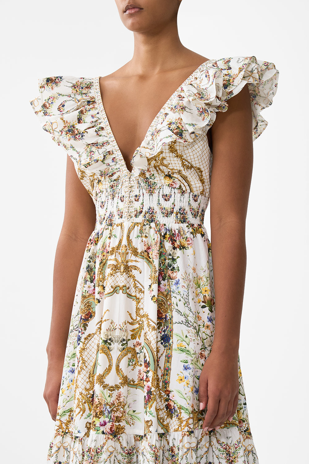 The CAMILLA TIERED DRESS WITH NECK FRILL DRESSING ROOM DRAMA in our  print.