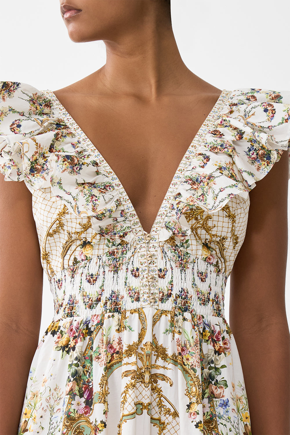 The CAMILLA Tiered Dress With Neck Frill in our Dressing Room Drama print.