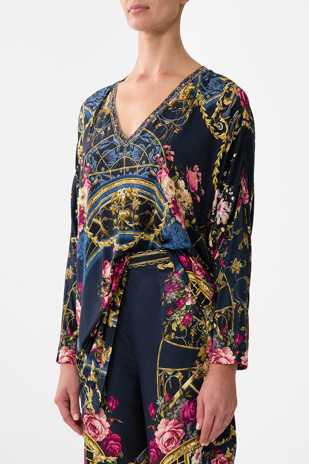 The CAMILLA Side Split Jersey Tee in our Ornate On A Plate print.