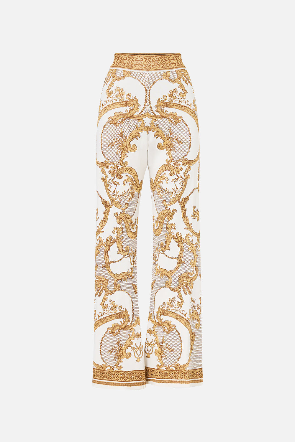 The CAMILLA Flared Jacquard Knit Pant in our Dressing Room Drama print.