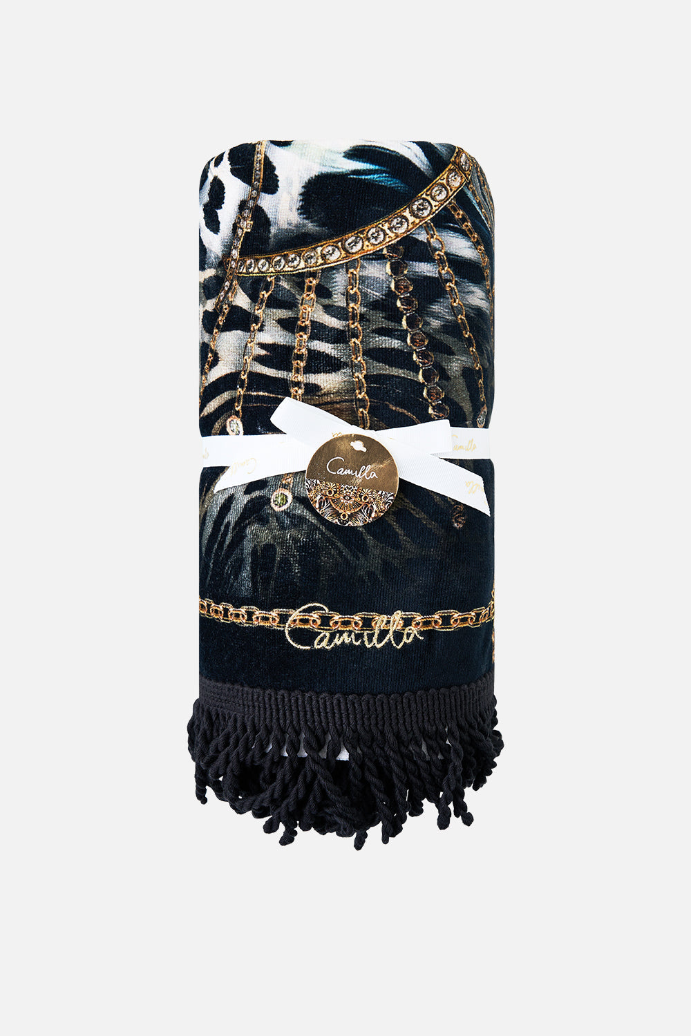 The CAMILLA BEACH TOWEL WITH FRINGE FELINE FOLKLORE in our FELINE FOLKLORE print.