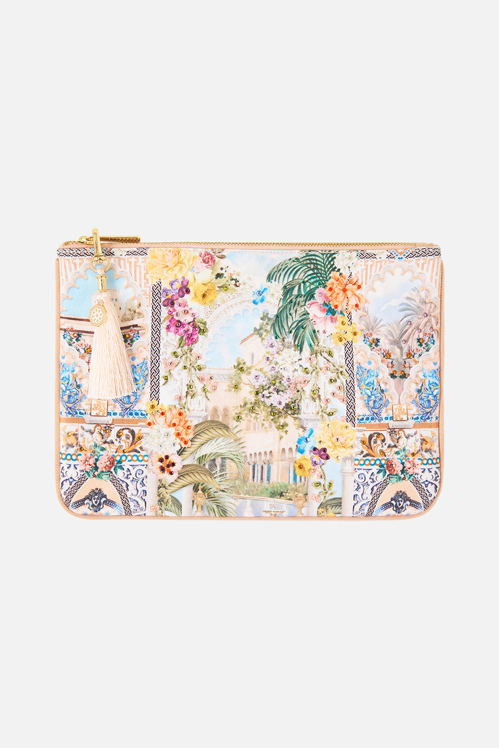 The CAMILLA small canvas clutch in our print The Architects of Alcázar. Front view.