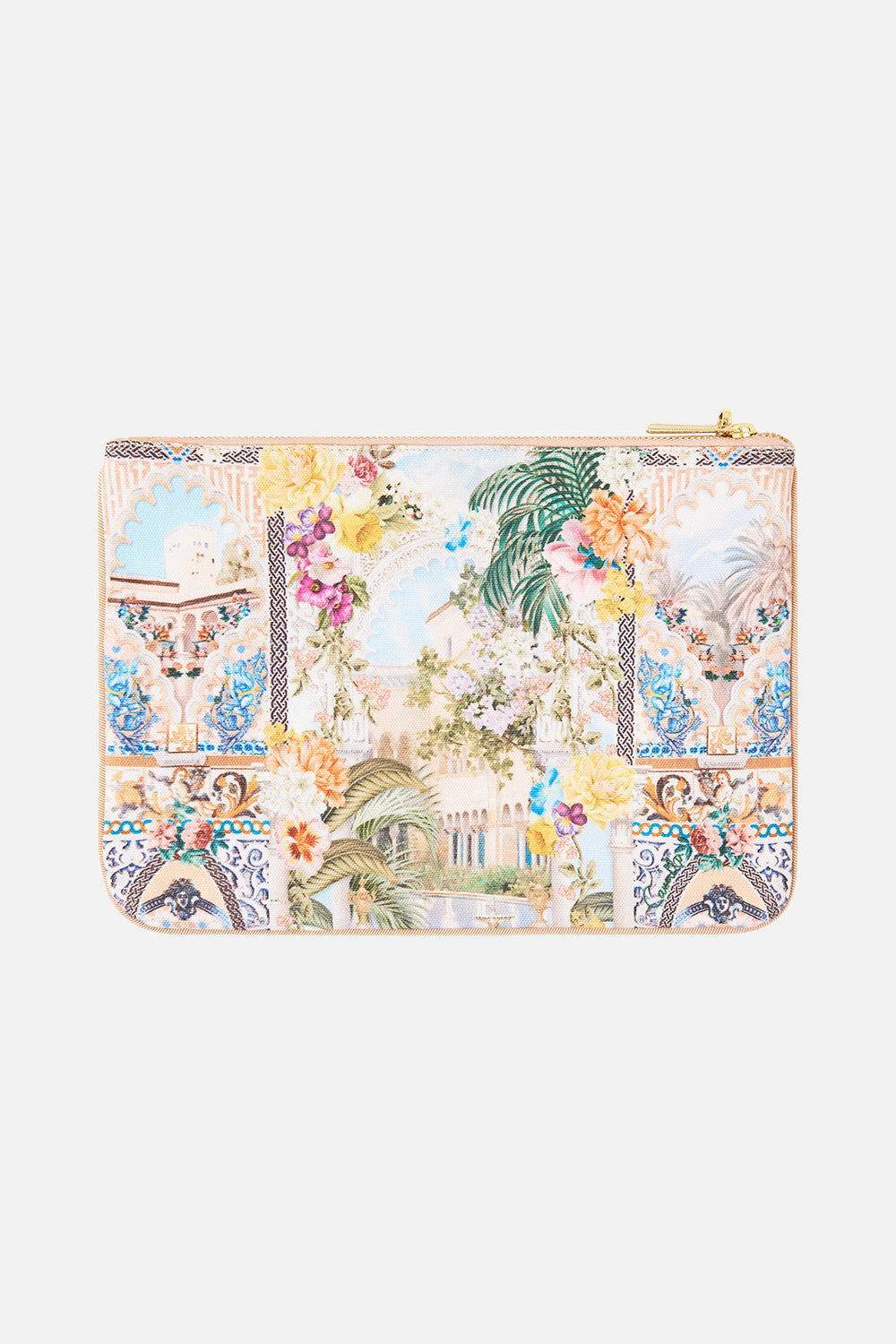 The CAMILLA small canvas clutch in our print The Architects of Alcázar.