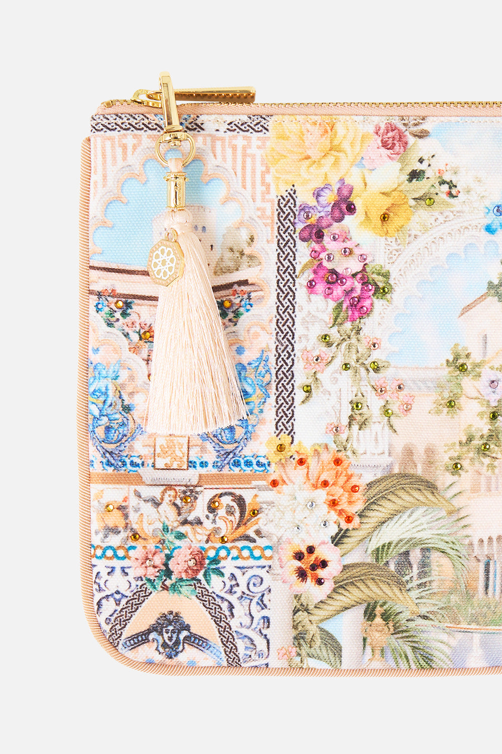 The CAMILLA small canvas clutch in our print The Architects of Alcázar.
