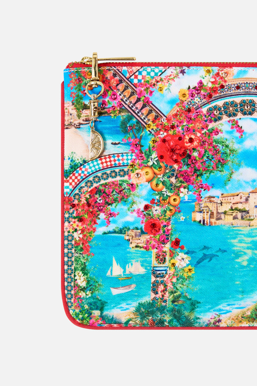 The CAMILLA SMALL CANVAS CLUTCH MEET ME IN MALLORCA in our  print.