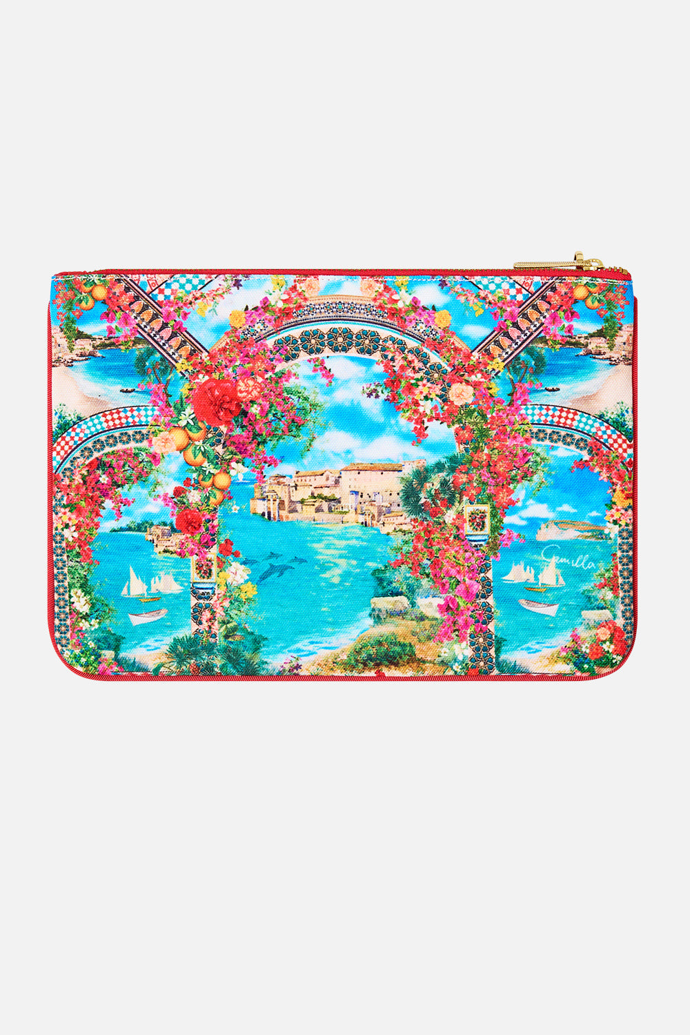 The CAMILLA SMALL CANVAS CLUTCH MEET ME IN MALLORCA in our  print.