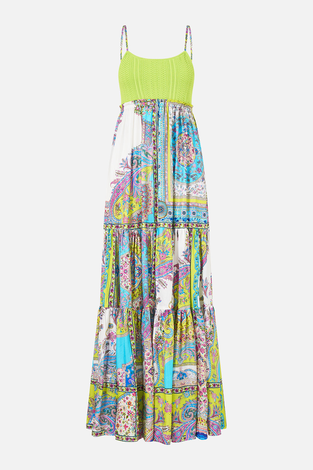 The CAMILLA long dress with knit front bodice from our print magic carpet ride, front product view