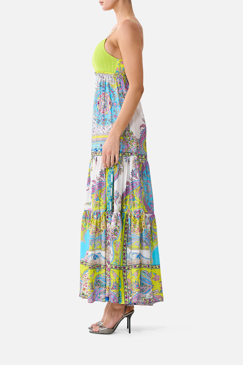 The CAMILLA long dress with knit front bodice from our print magic carpet ride, side model view