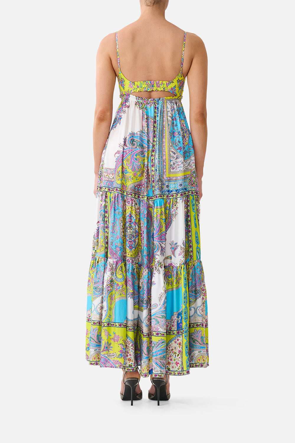 The CAMILLA long dress with knit front bodice from our print magic carpet ride, back model view