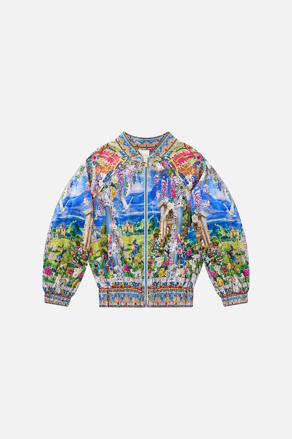 The CAMILLA KIDS BLOUSON SLEEVE REVERSIBLE BOMBER JACKET NAVÀS NOUVEAU in our NAVÀS NOUVEAU print.