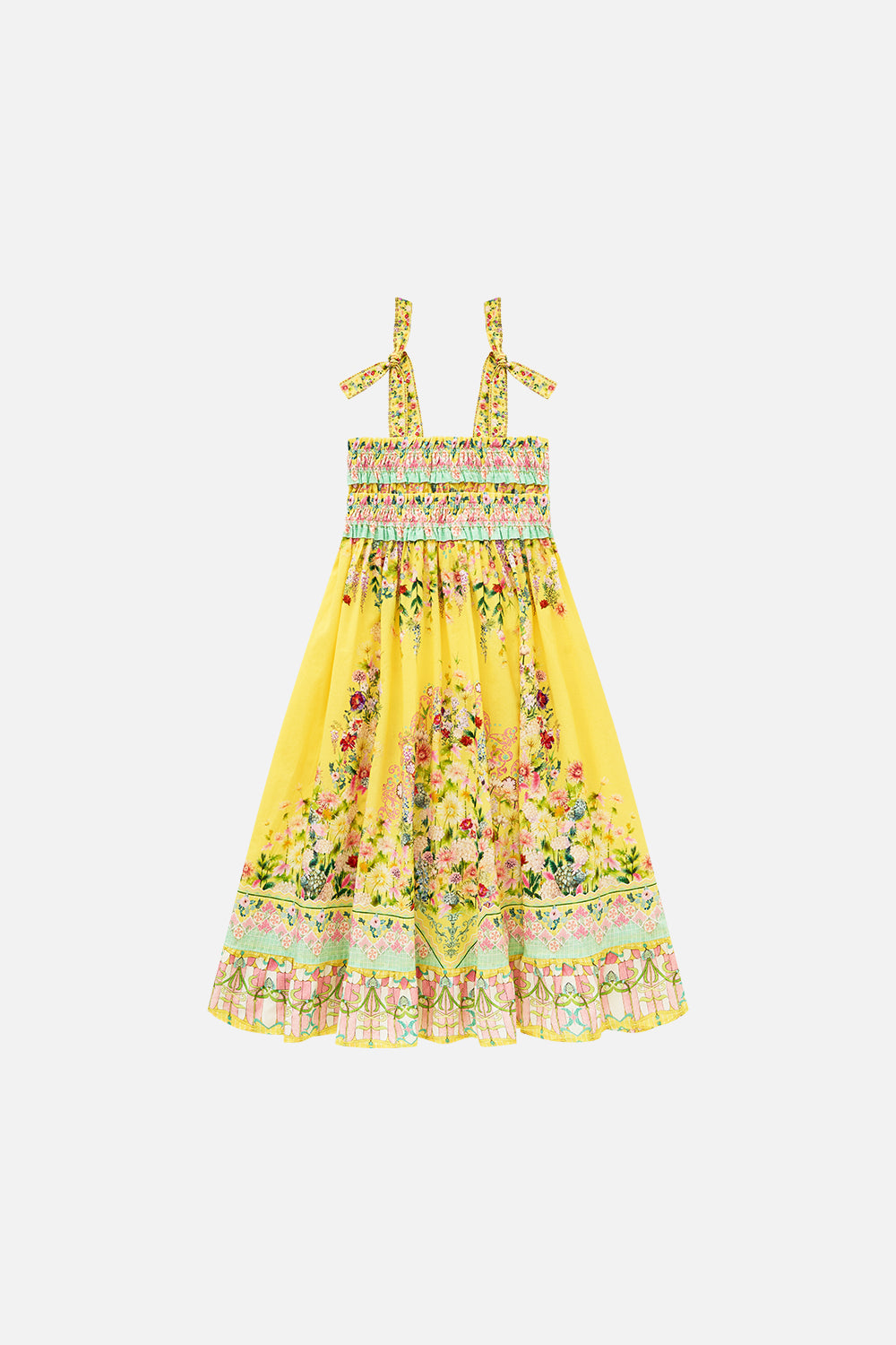 The CAMILLA kids shirred maxi dress with tie shoulder in our print Lady Limonada. Front view.