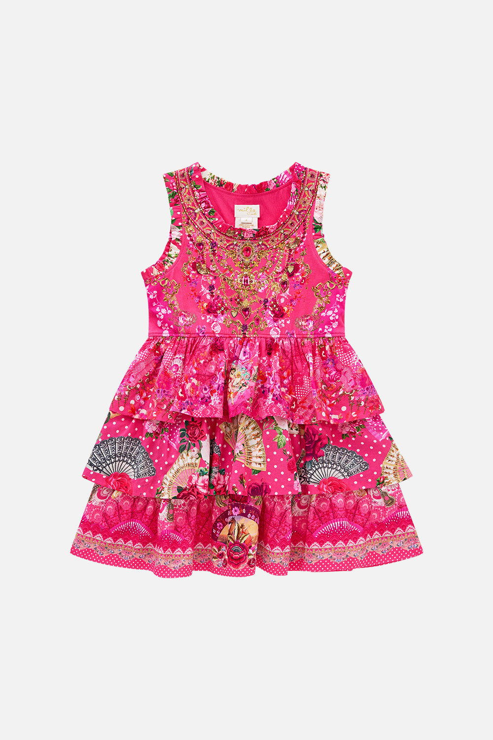 The CAMILLA KIDS TANK MINI DRESS WITH WOVEN LAYERED SKIRT FLAMENCO ROSE in our FLAMENCO ROSE print.