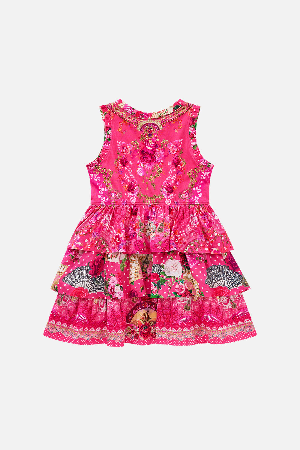 The CAMILLA KIDS TANK MINI DRESS WITH WOVEN LAYERED SKIRT FLAMENCO ROSE in our  print.
