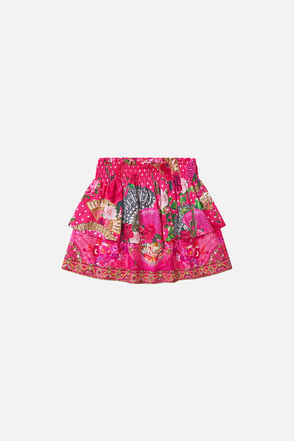 The CAMILLA KIDS LAYERED MINI SKIRT WITH BABYLOCKED EDGES FLAMENCO ROSE in our FLAMENCO ROSE print.