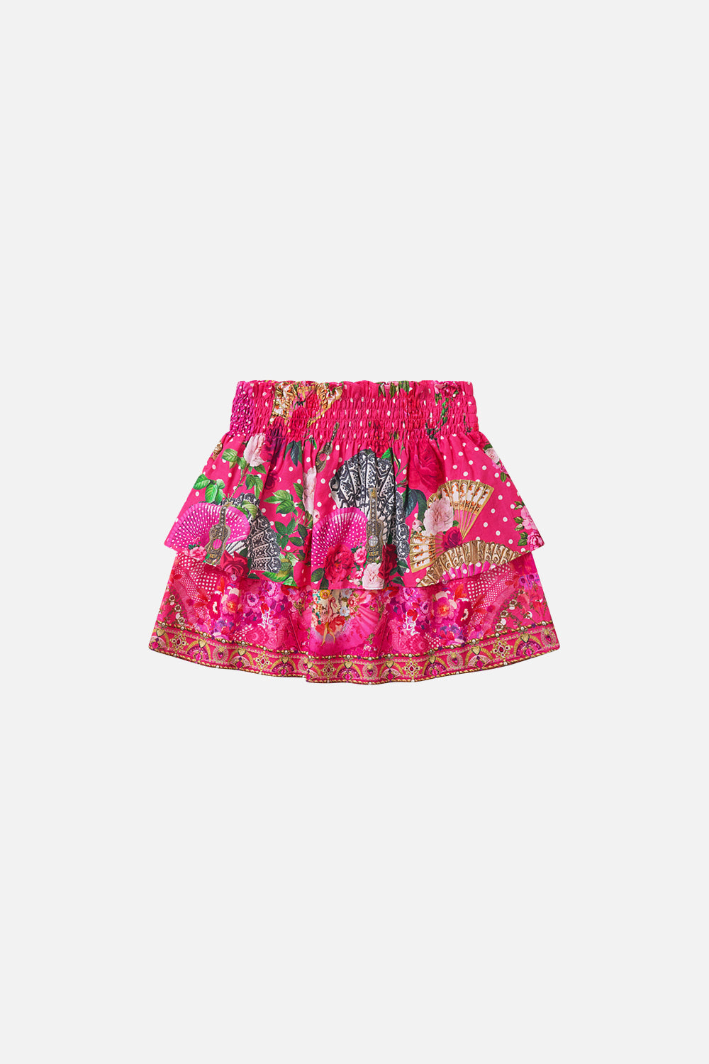 The CAMILLA KIDS LAYERED MINI SKIRT WITH BABYLOCKED EDGES FLAMENCO ROSE in our  print.
