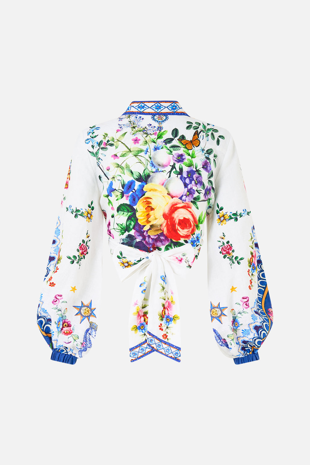 The CAMILLA Cropped Wrap Shirt in our Tiles Darls print.