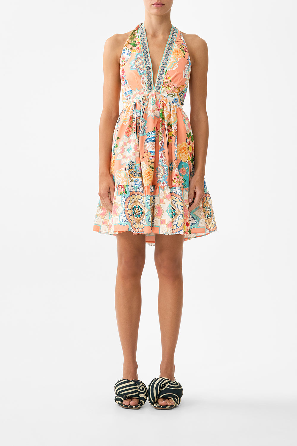 The CAMILLA RUFFLE HEM HALTER SHORT DRESS MEET ME IN MALLORCA in our MEET ME IN MALLORCA print.