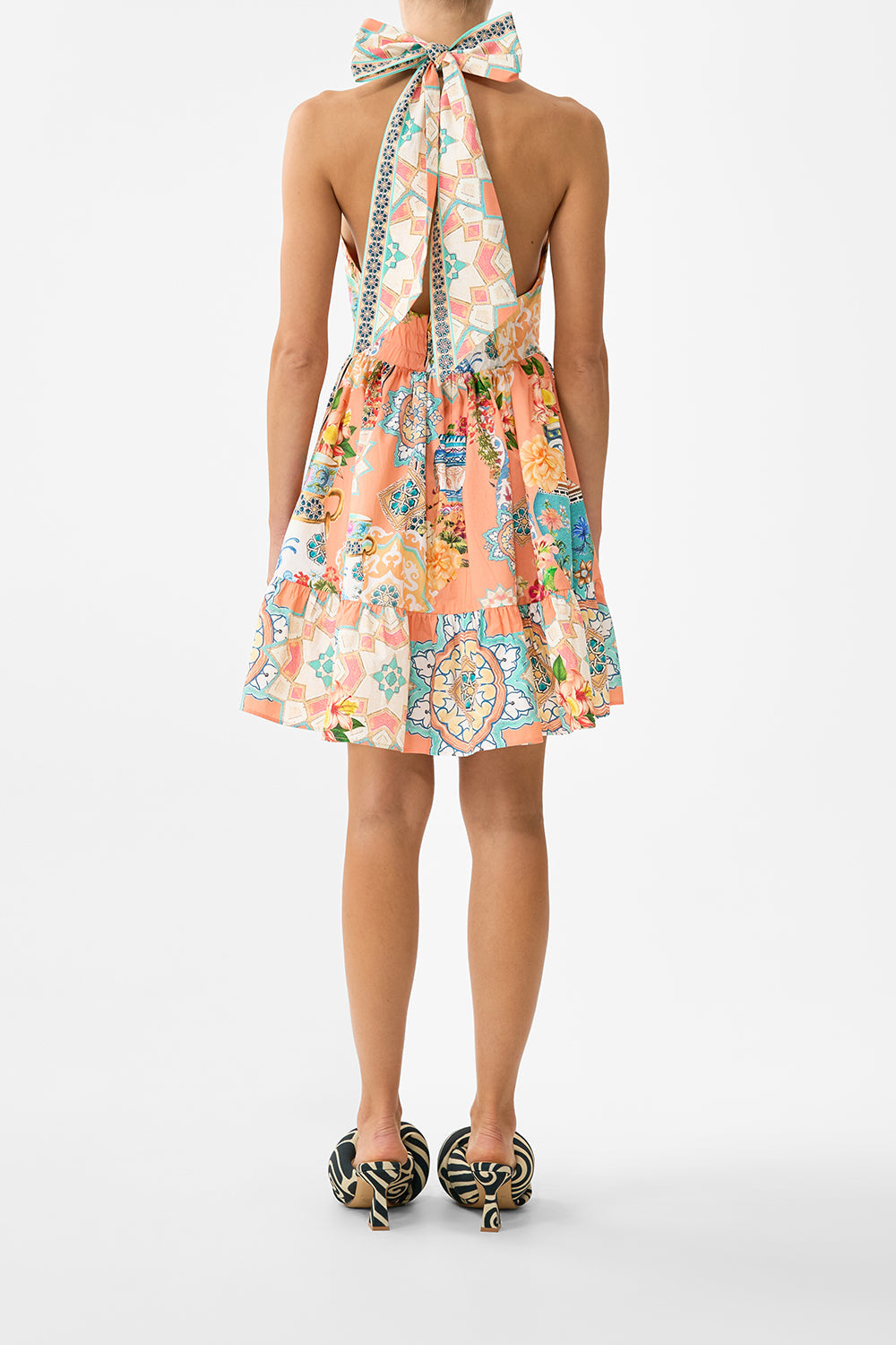 The CAMILLA RUFFLE HEM HALTER SHORT DRESS MEET ME IN MALLORCA in our  print.