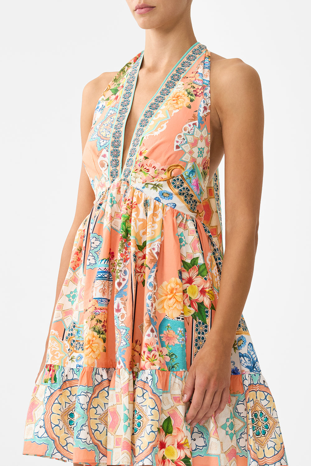 The CAMILLA RUFFLE HEM HALTER SHORT DRESS MEET ME IN MALLORCA in our  print.