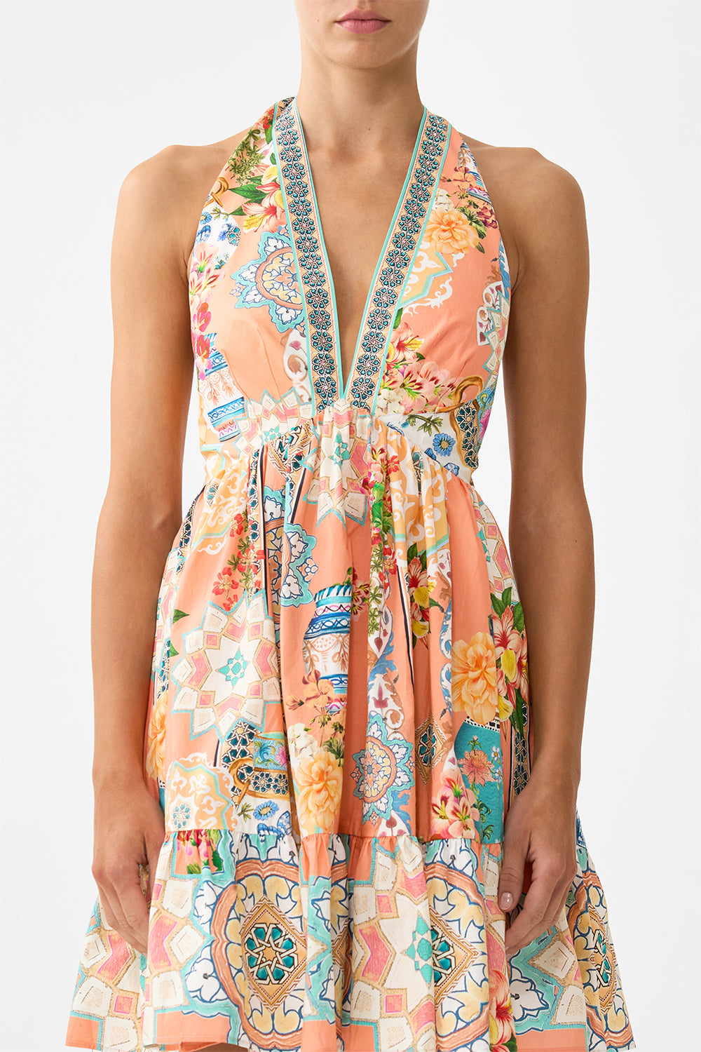 The CAMILLA RUFFLE HEM HALTER SHORT DRESS MEET ME IN MALLORCA in our  print.
