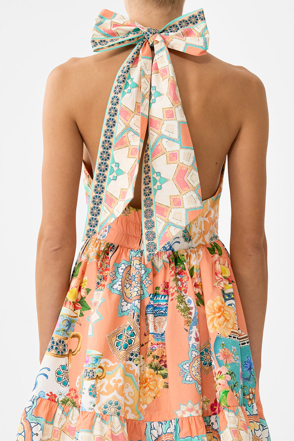 The CAMILLA RUFFLE HEM HALTER SHORT DRESS MEET ME IN MALLORCA in our  print.
