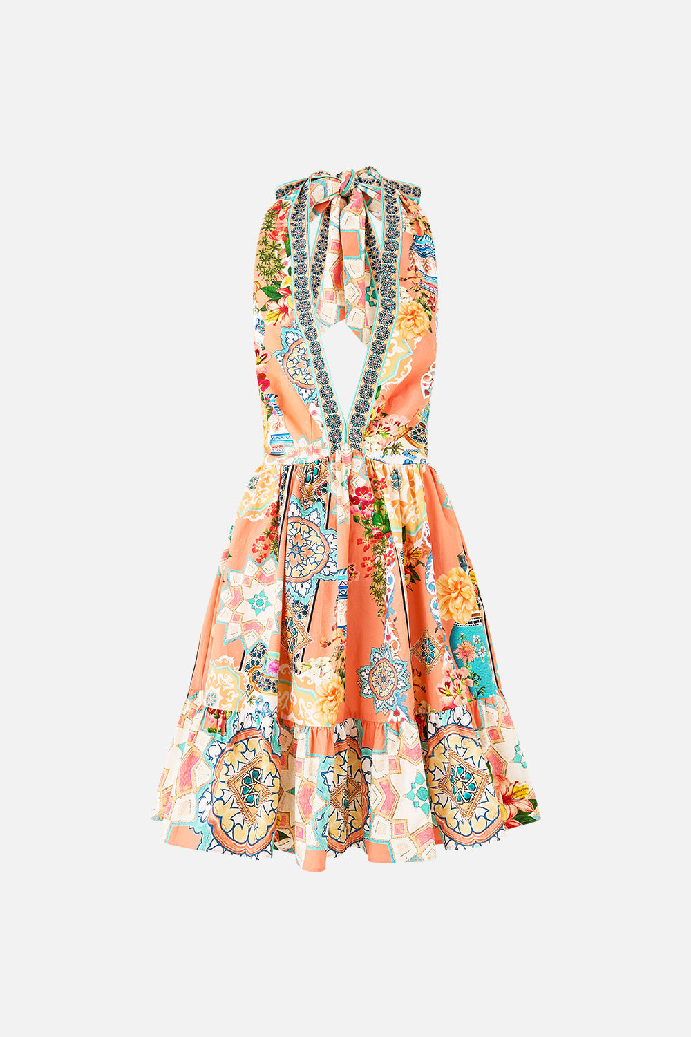 The CAMILLA RUFFLE HEM HALTER SHORT DRESS MEET ME IN MALLORCA in our  print.