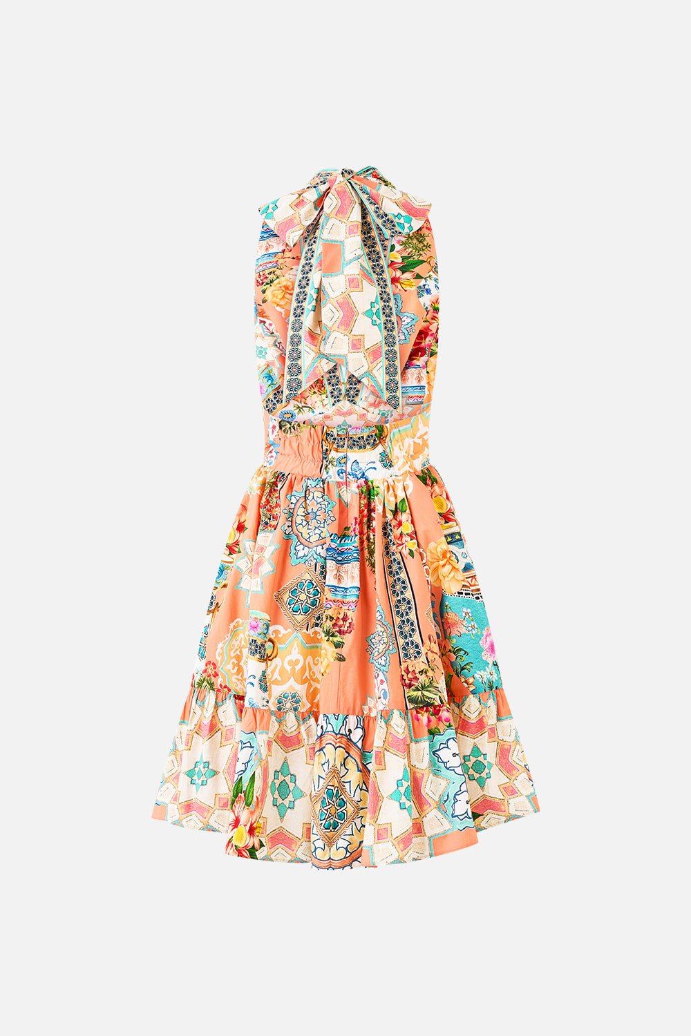 The CAMILLA RUFFLE HEM HALTER SHORT DRESS MEET ME IN MALLORCA in our  print.