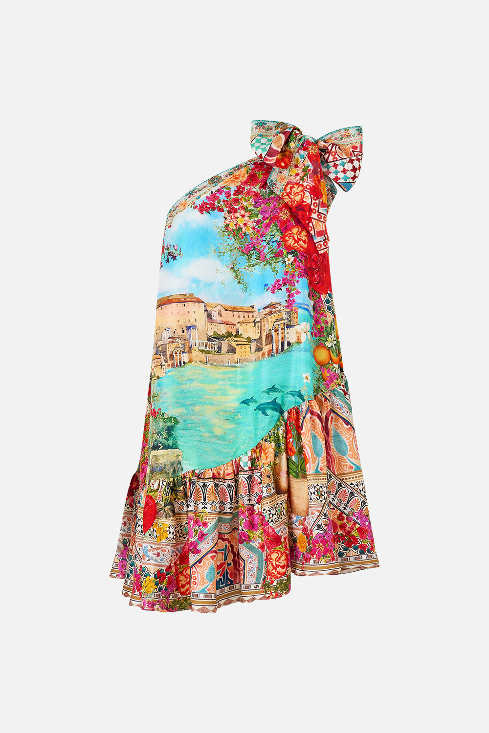 The CAMILLA TIE ONE SHOULDER SHORT DRESS MEET ME IN MALLORCA in our  print.