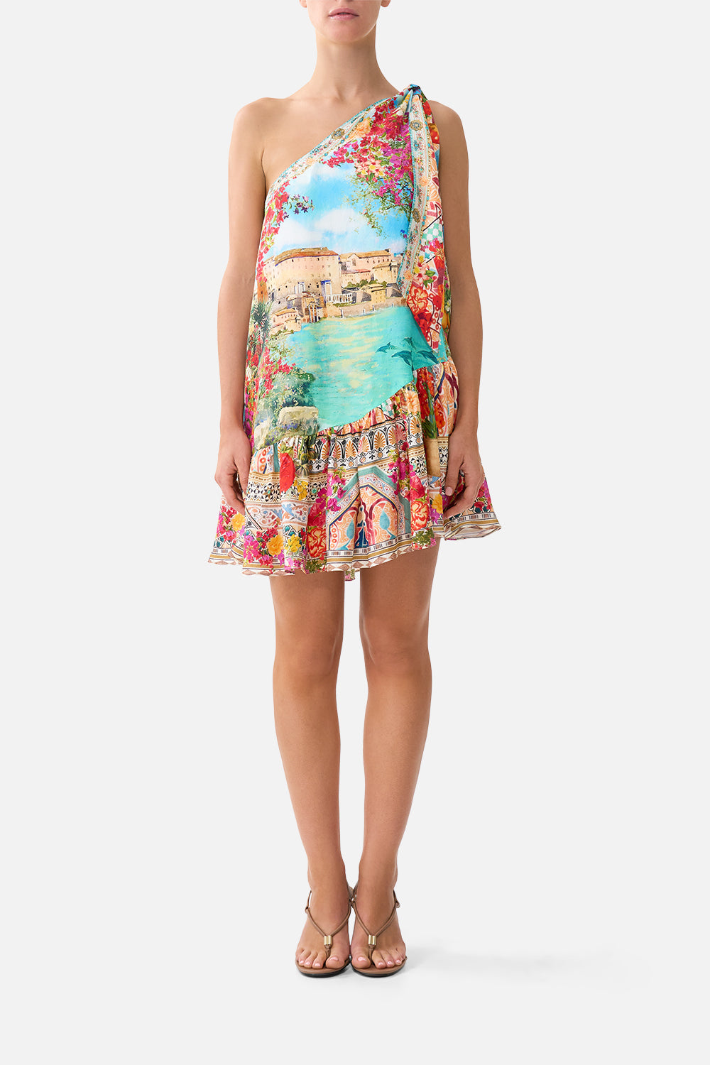 The CAMILLA TIE ONE SHOULDER SHORT DRESS MEET ME IN MALLORCA in our MEET ME IN MALLORCA print.