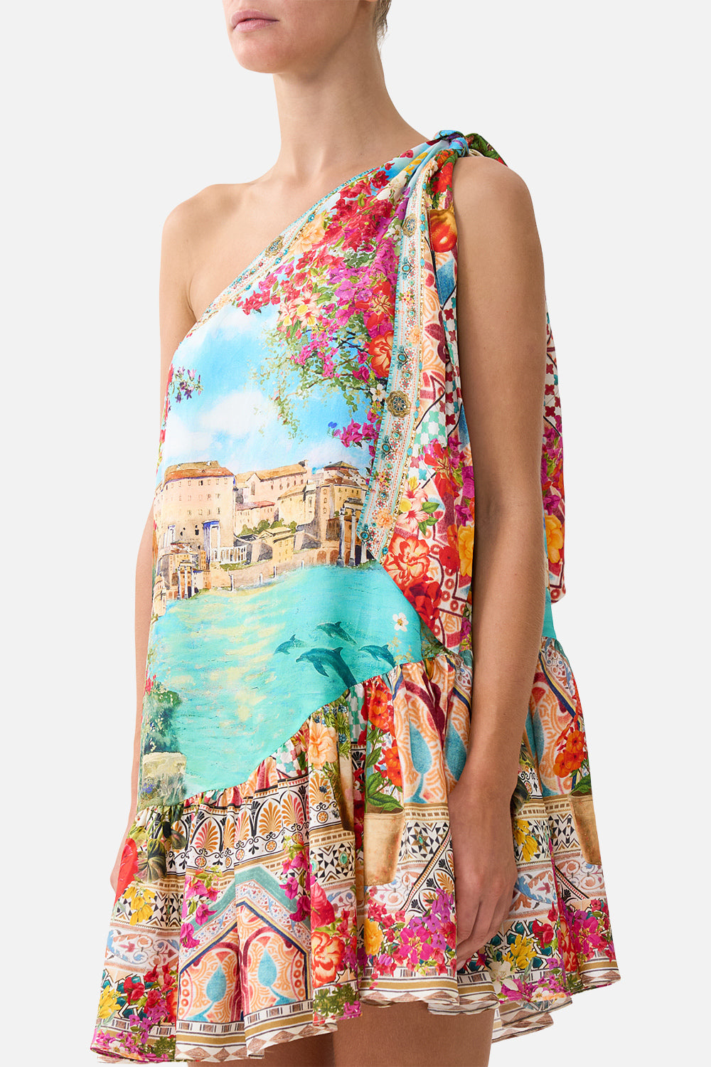 The CAMILLA TIE ONE SHOULDER SHORT DRESS MEET ME IN MALLORCA in our  print.