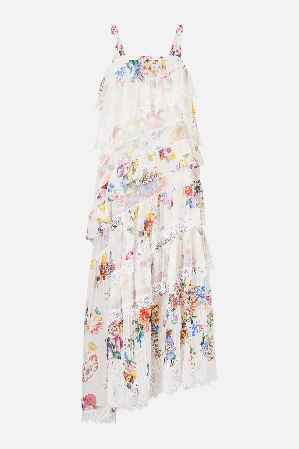 The CAMILLA asymmetric spliced lace dress in our print I Left My Heart in Granada. Front view.