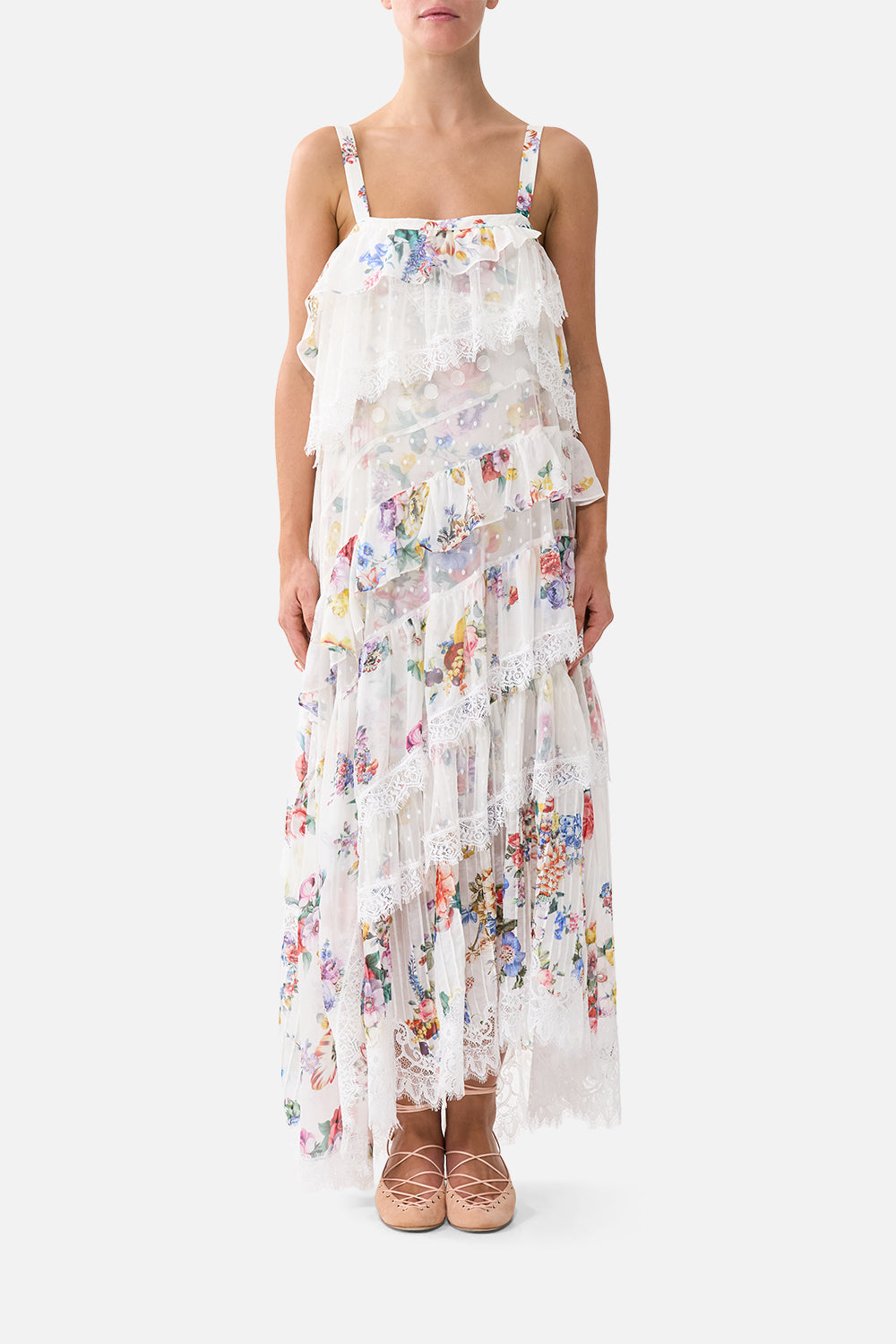 The CAMILLA asymmetric spliced lace dress in our print I Left My Heart in Granada. Front model view.