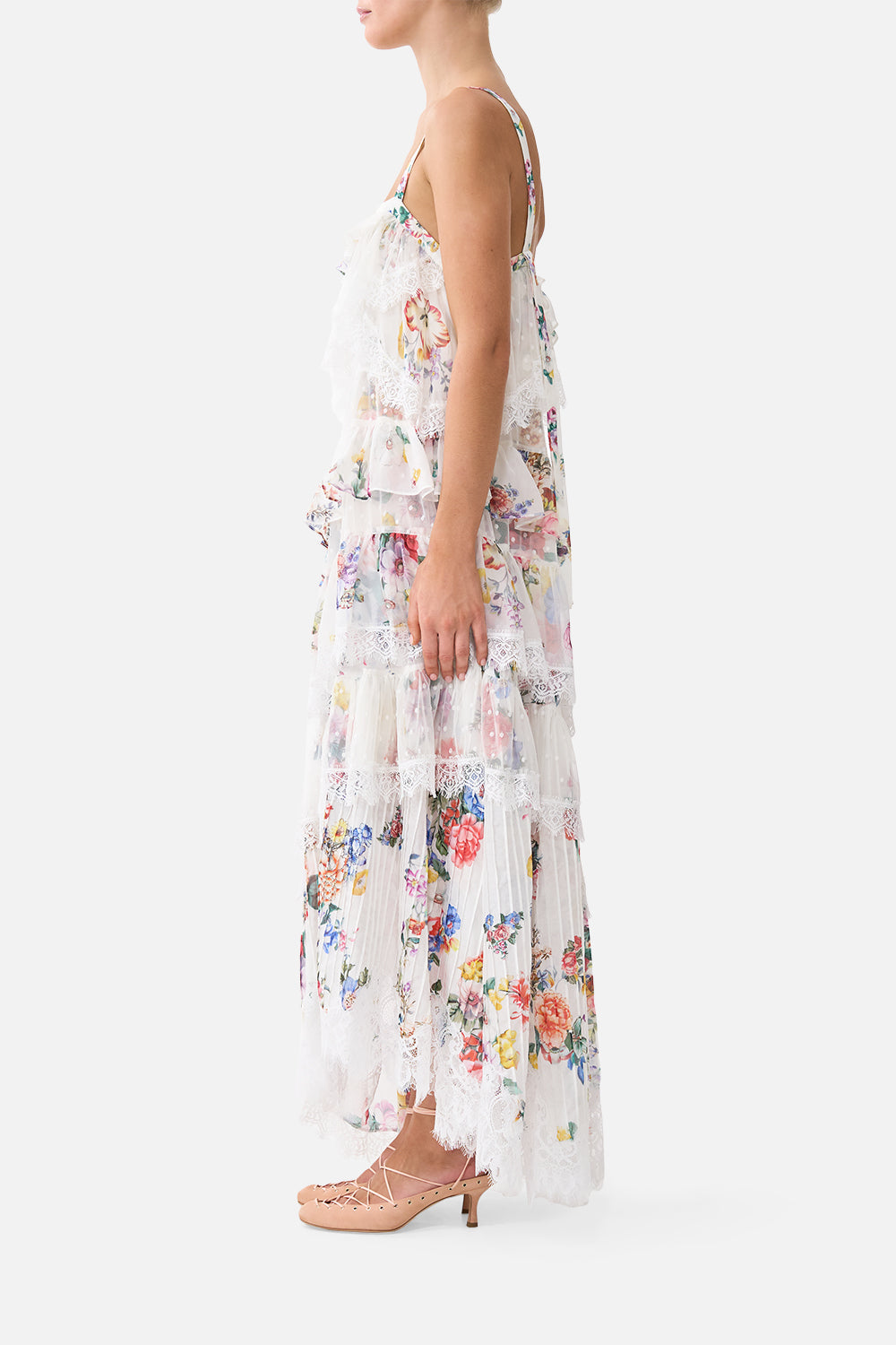 The CAMILLA asymmetric spliced lace dress in our print I Left My Heart in Granada. Side model view.