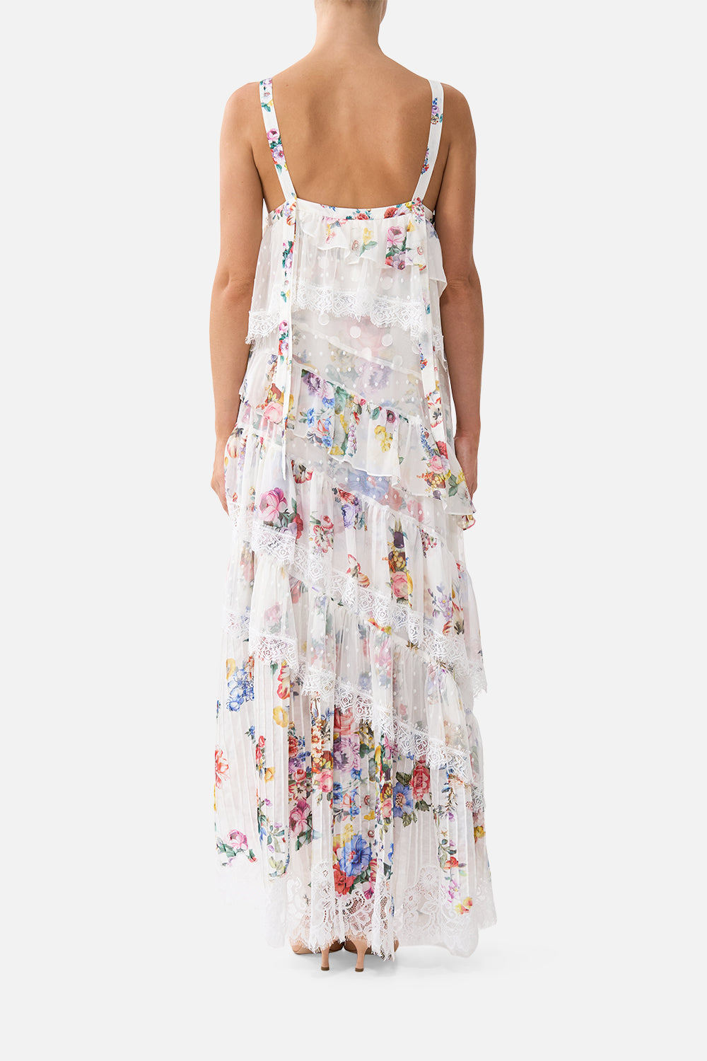 The CAMILLA asymmetric spliced lace dress in our print I Left My Heart in Granada. Back model view.
