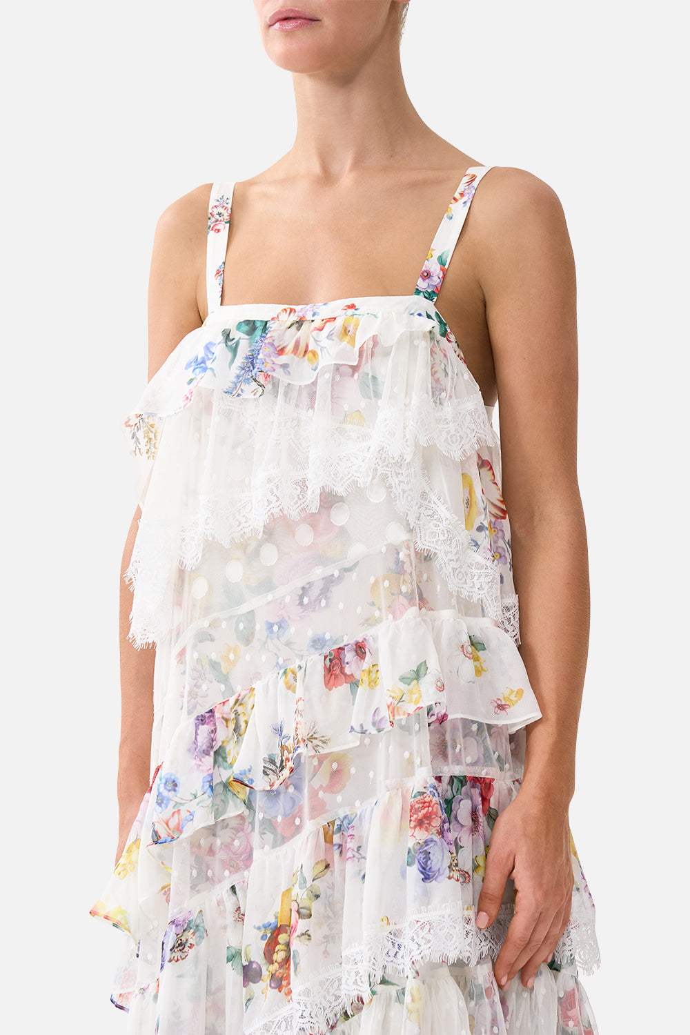 The CAMILLA asymmetric spliced lace dress in our print I Left My Heart in Granada.